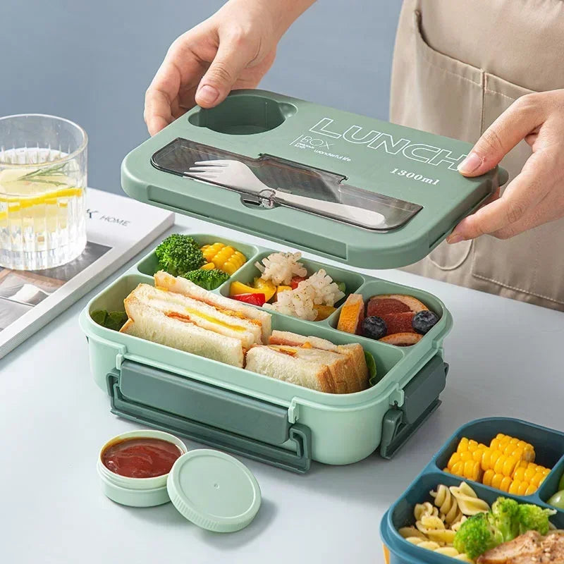 Bento Lunchbox 1300ml / 3 Fächer mit Besteck / Auslaufsicher